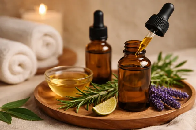 Botanical massage oil beside towels and herbs